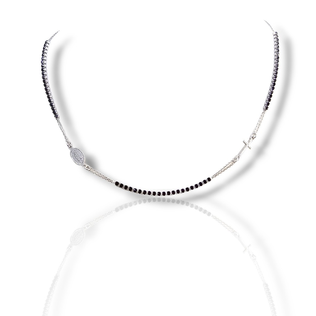 Ροζάριο απο επιπλατινωμένο ασήμι με μαυρες συνθετικές πέτρες 925° (SHK905127BN)